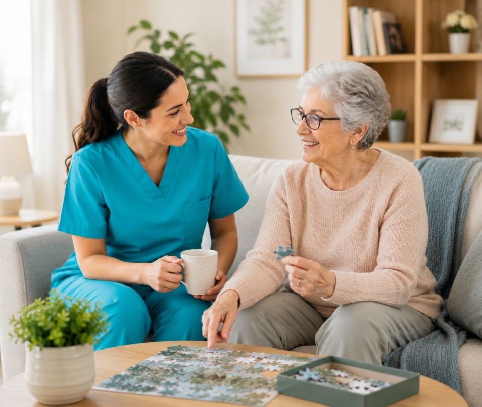 Professional caregiver assisting a senior with daily care