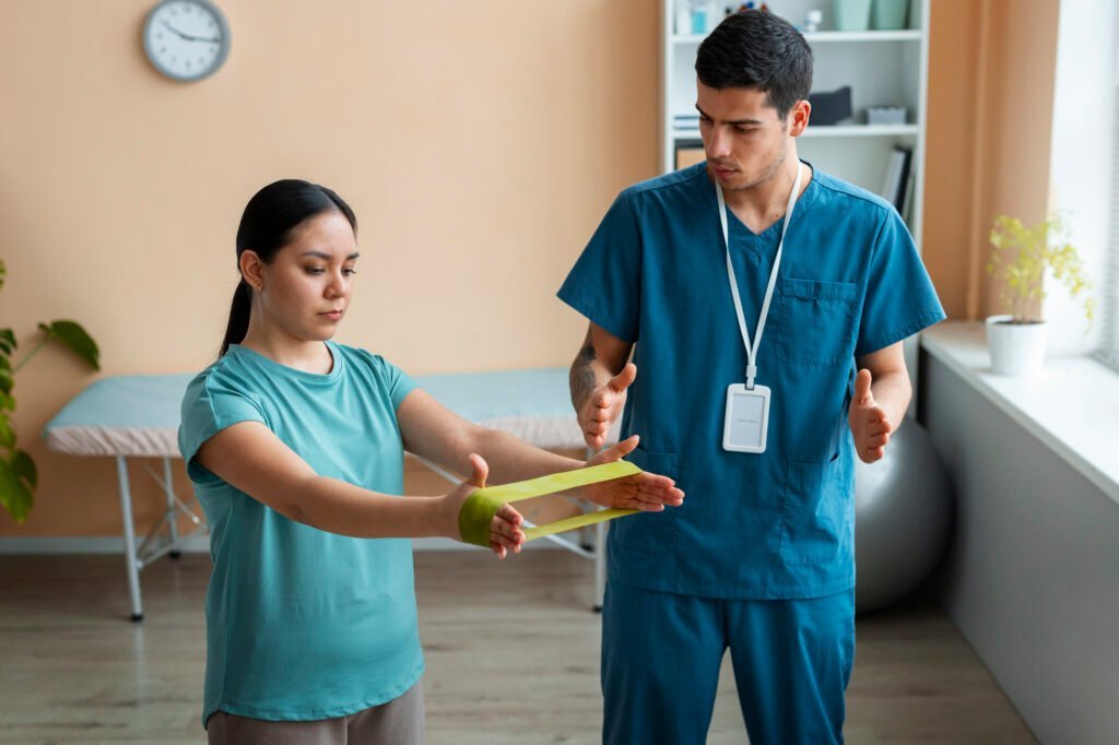 doctor helping patient during rehabilitation center